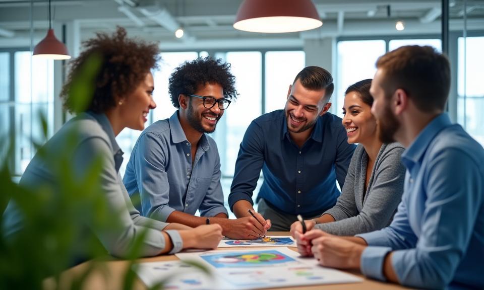 Diverse team of Ambit Energy Solutions employees collaborating in a modern office