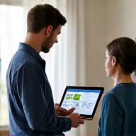 Consultant showing energy efficiency solutions on a tablet to a homeowner.