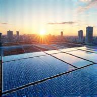 Solar panels on a rooftop connecting to an energy grid diagram.