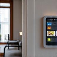 Modern smart home interior with integrated energy controls on a tablet.