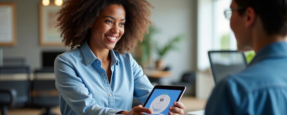 Customer service representative helping a user with a smart meter on a tablet, symbolizing support and technology.
